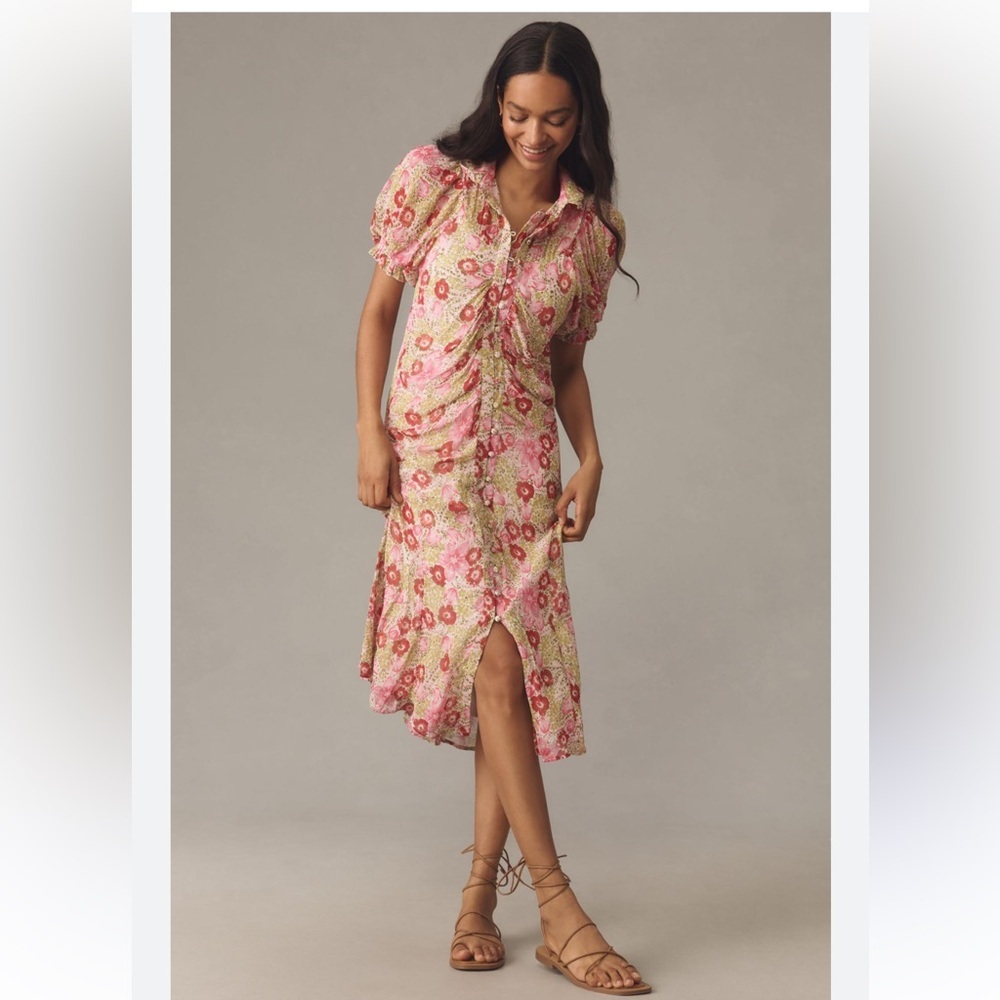 Anthropologie Pink Floral Midi Dress